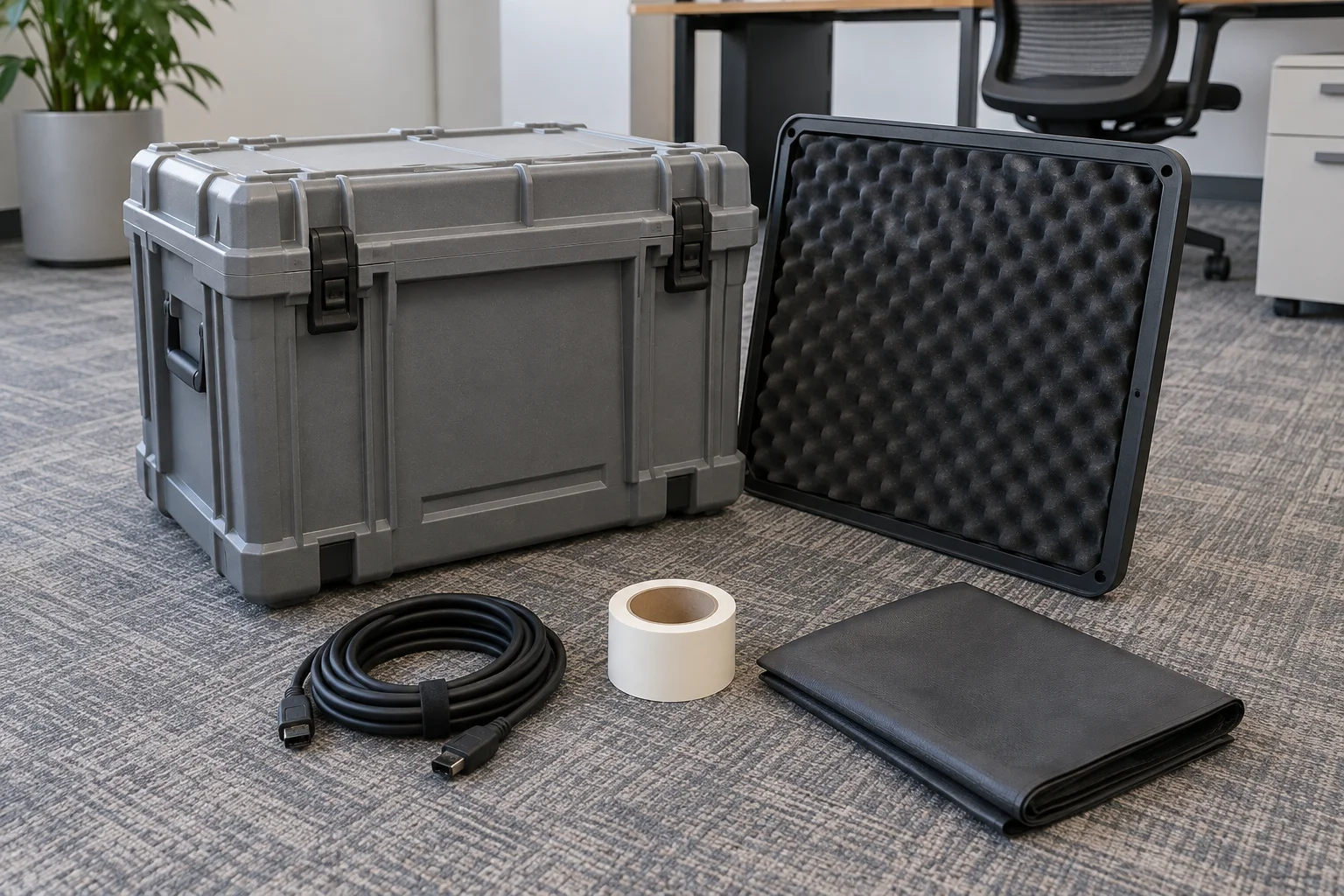 A transit crate and a foam-lined screen cover beside a coiled cable on an office floor
