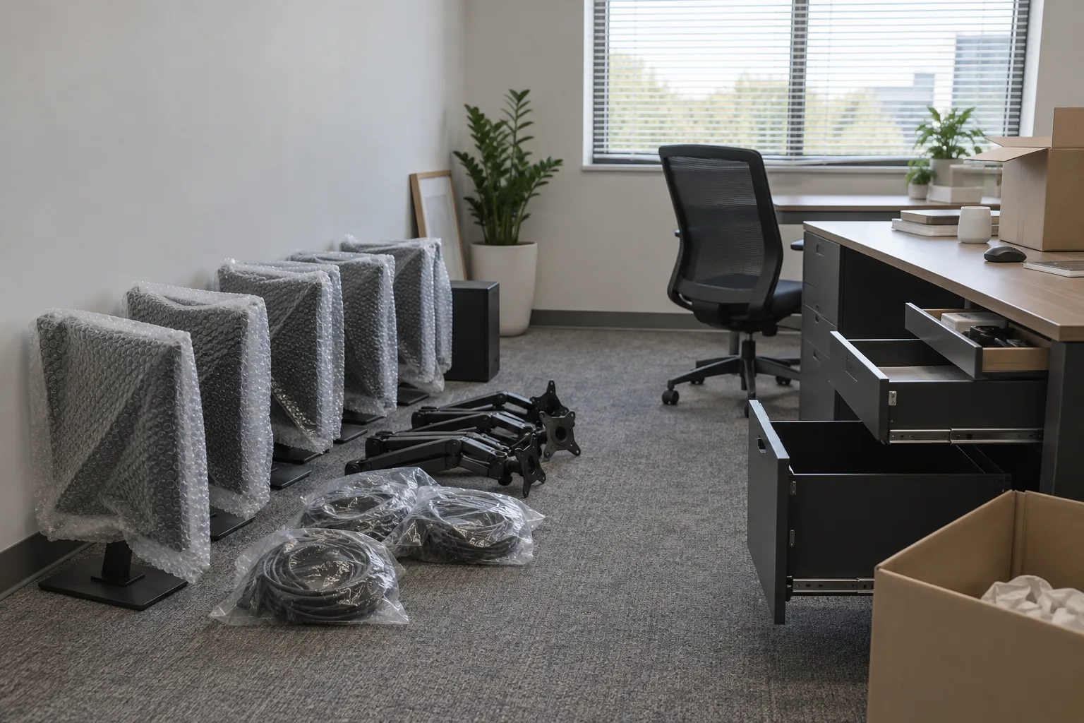 Illustrative bubble-wrapped monitors standing in a row on the floor of a small office suite being packed