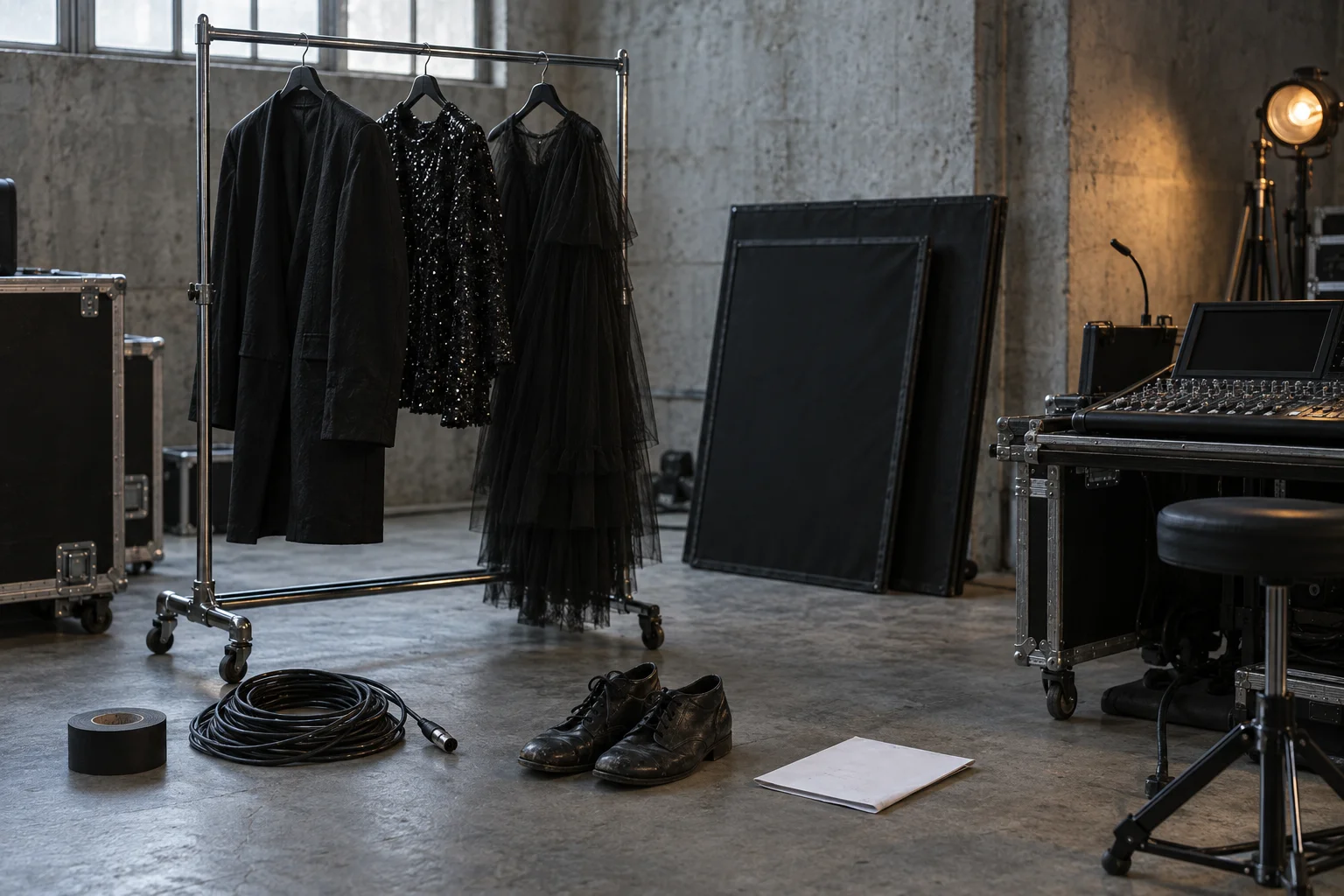 Illustrative costume rail, coiled cables, gaffer tape, stage shoes and a mixing desk in an empty rehearsal room