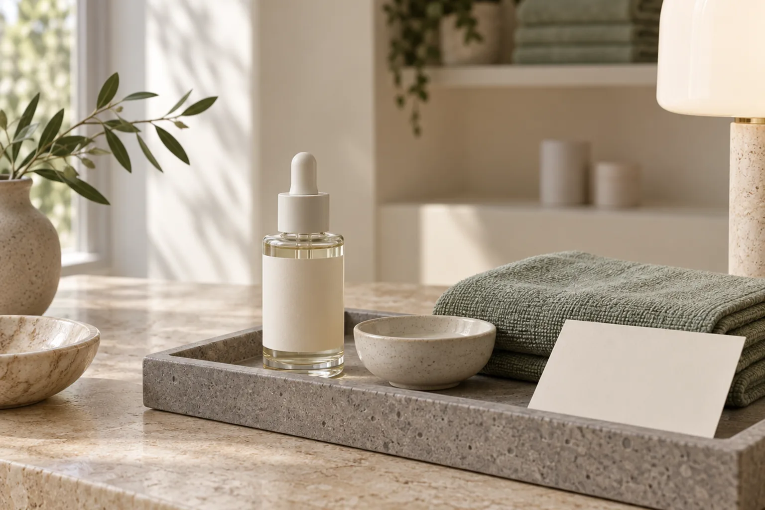 Illustrative consultation desk in a facial studio with a tray, folded towel and blank card