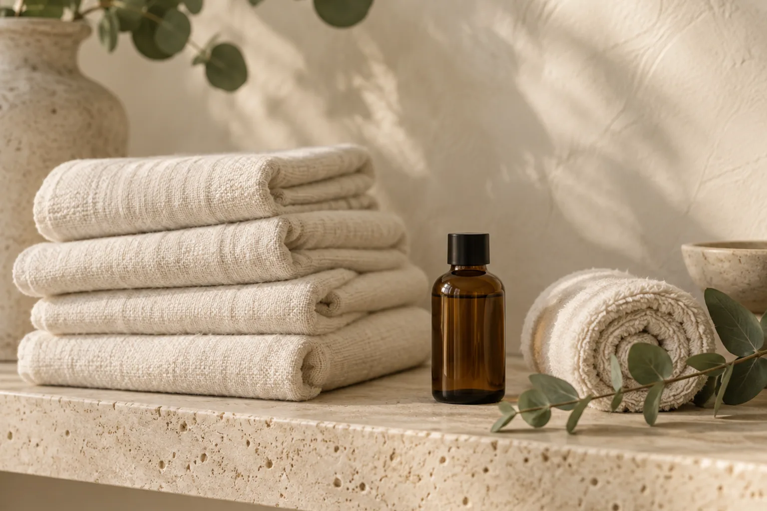 Illustrative stack of folded cream towels with an amber bottle and eucalyptus on a travertine ledge