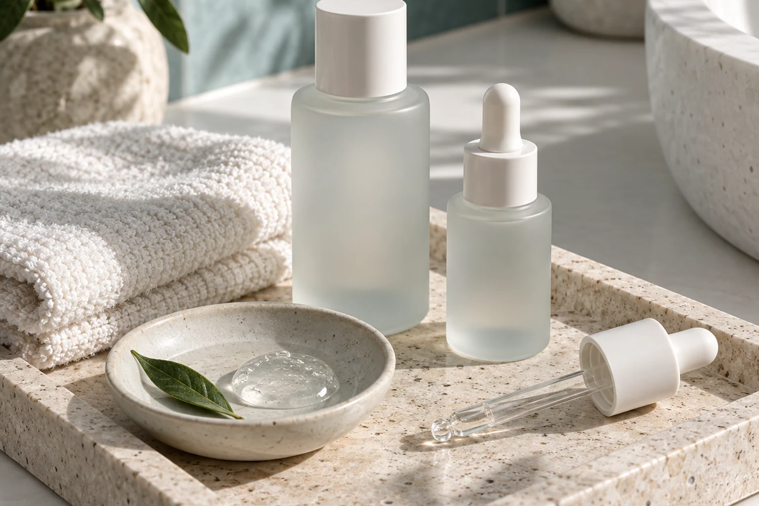 Travertine tray with blank unbranded skincare bottles, a folded towel and a ceramic dish
