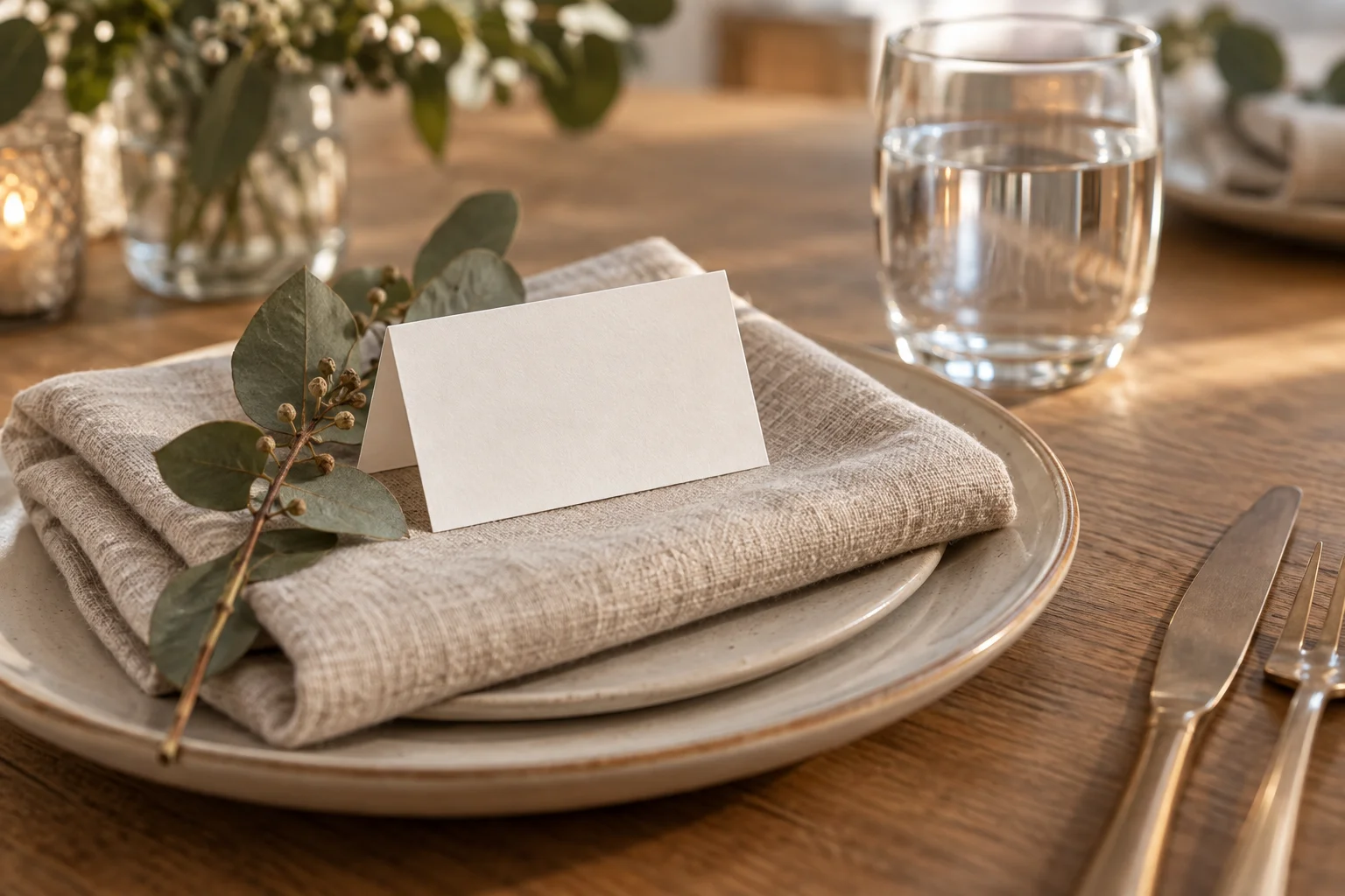 Illustrative celebration table detail: a folded linen napkin, a blank place card with no lettering and a single dried stem on an oak table