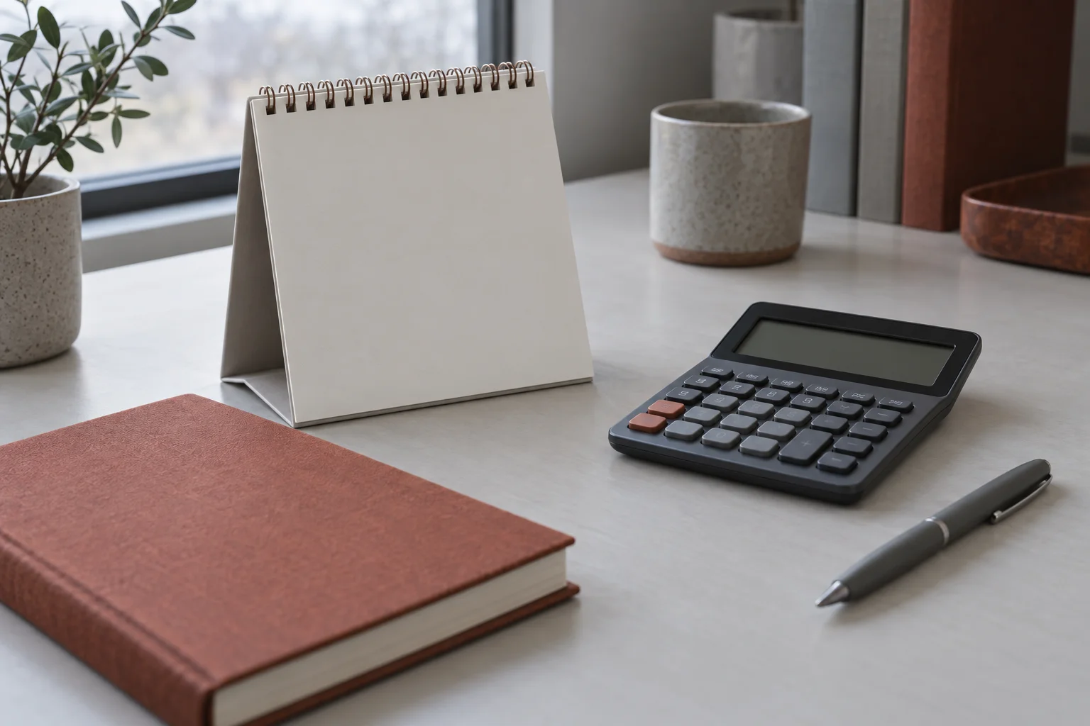 Illustrative filing desk detail: a desk calendar with blank unlettered pages beside a calculator and a closed bound ledger