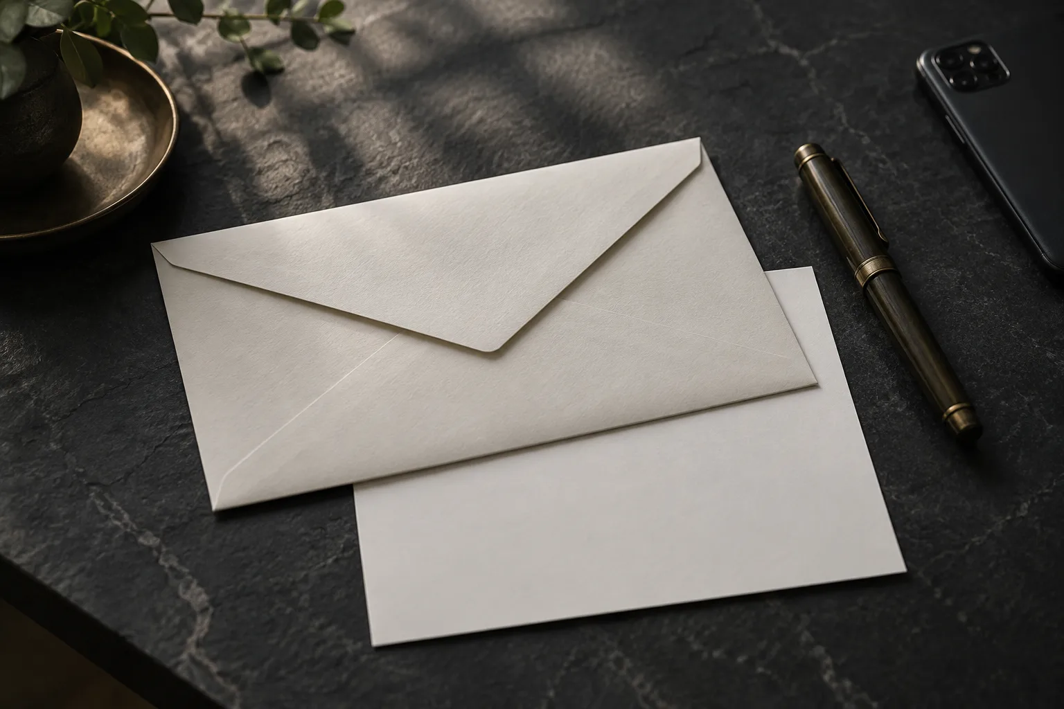 Illustrative correspondence: a sealed unaddressed envelope with a blank sheet of paper and a capped fountain pen on a dark surface