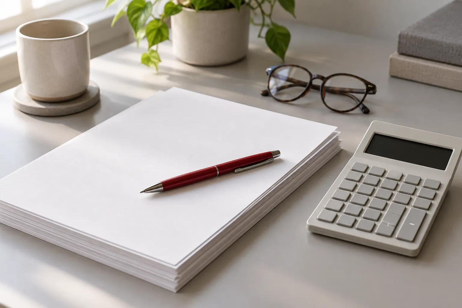 Illustrative tax workings: a stack of blank printed sheets, a red pen and a desk calculator with an empty display