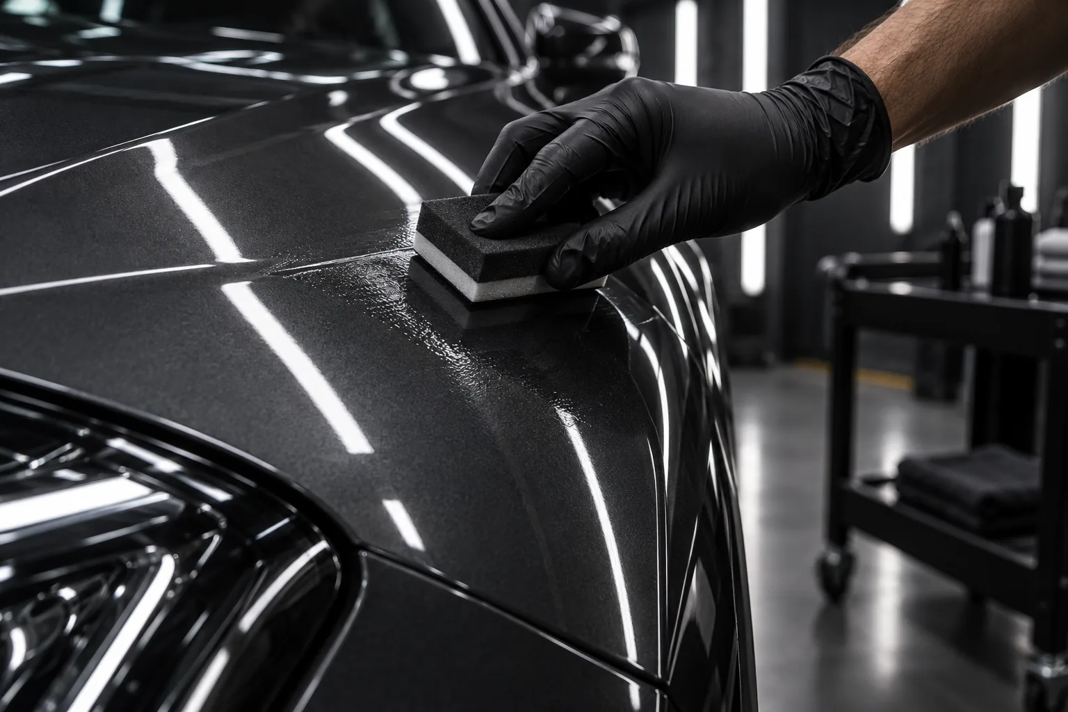 Illustrative coating being applied to a dark panel under studio inspection lights