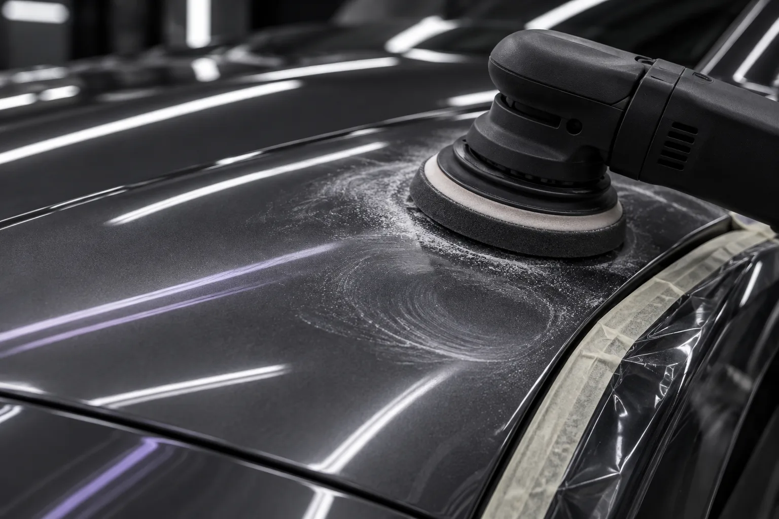 Graphite bodywork reflecting linear inspection lights, illustrative image