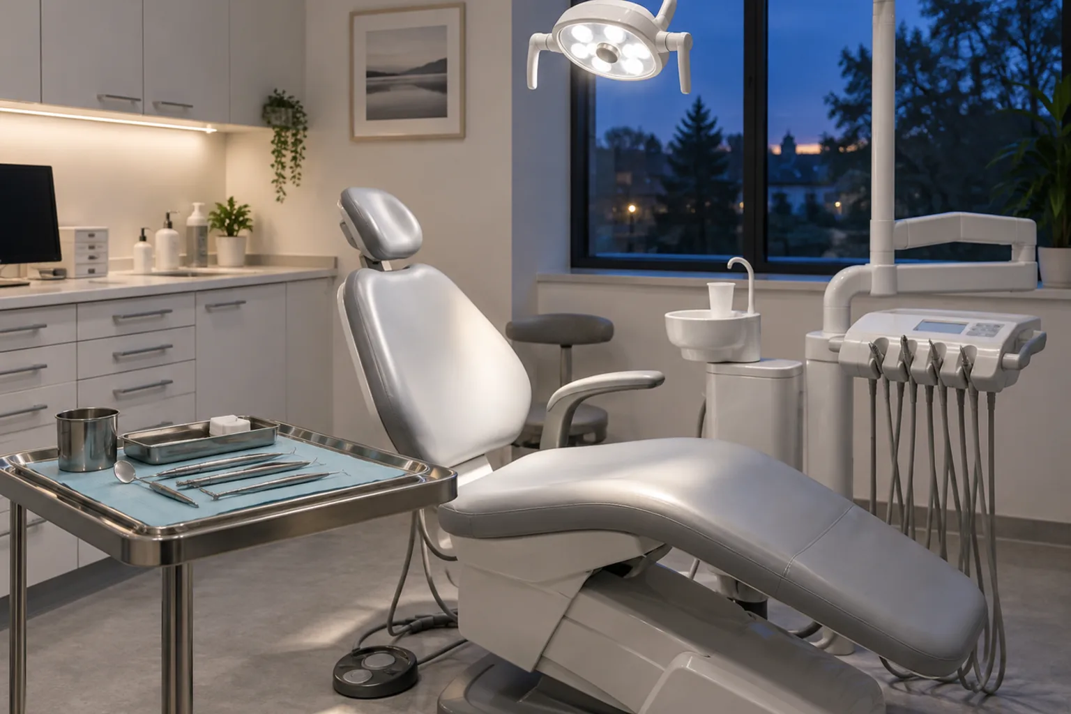 Illustrative dental surgery at dusk with the operating light on over an empty chair