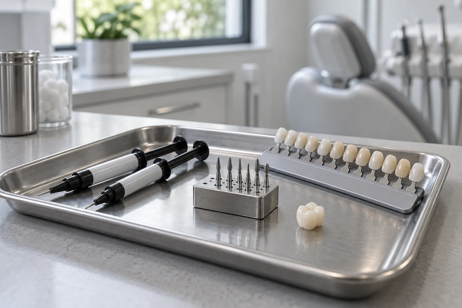 Illustrative instrument tray with composite syringes, a bur block, a shade guide and a white ceramic crown