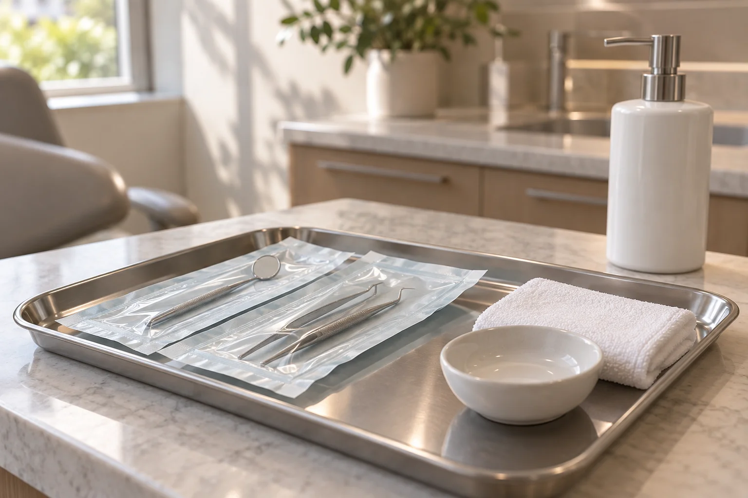 Illustrative stainless tray with sealed sterile instruments, a folded towel and a small dish on a pale counter