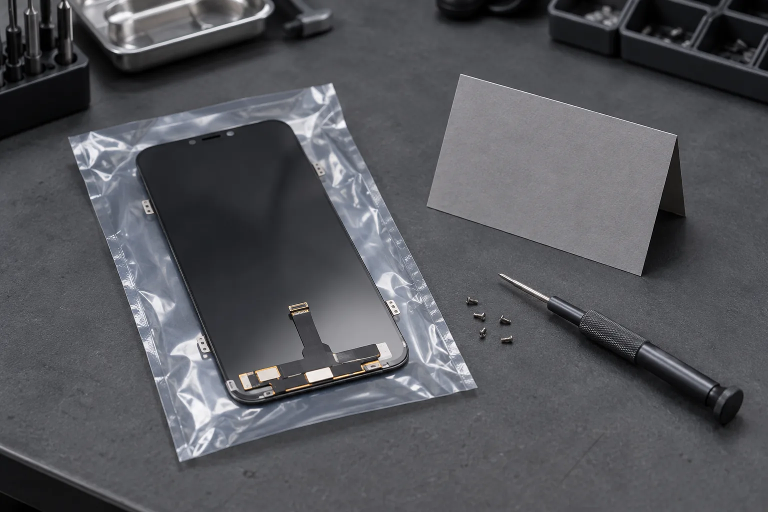 Illustrative warranty detail: a removed phone display panel sealed in a clear antistatic bag on a bench mat beside screws, a screwdriver and a blank grey card