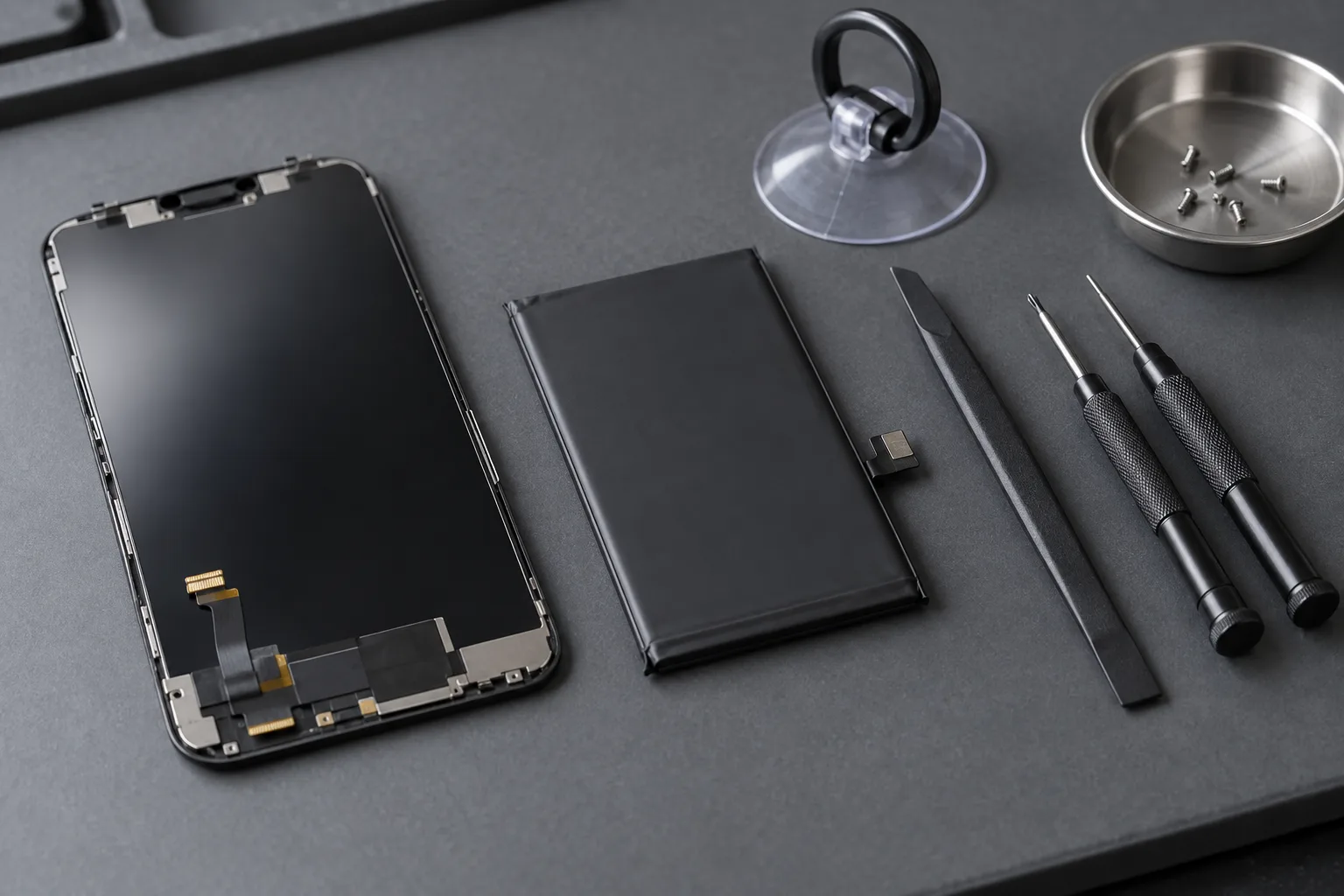 Illustrative phone parts laid out on a service mat: a display assembly and a battery beside a suction cup tool, a spudger, two screwdrivers and a dish of screws