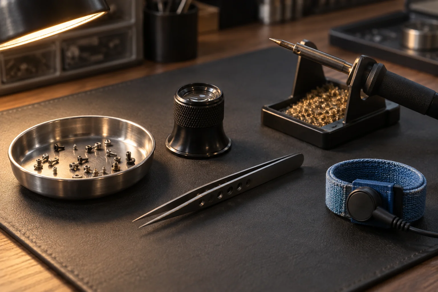 Illustrative bench detail: tiny screws in a dish, a jeweller's loupe, tweezers, a soldering iron and an antistatic strap on a dark mat