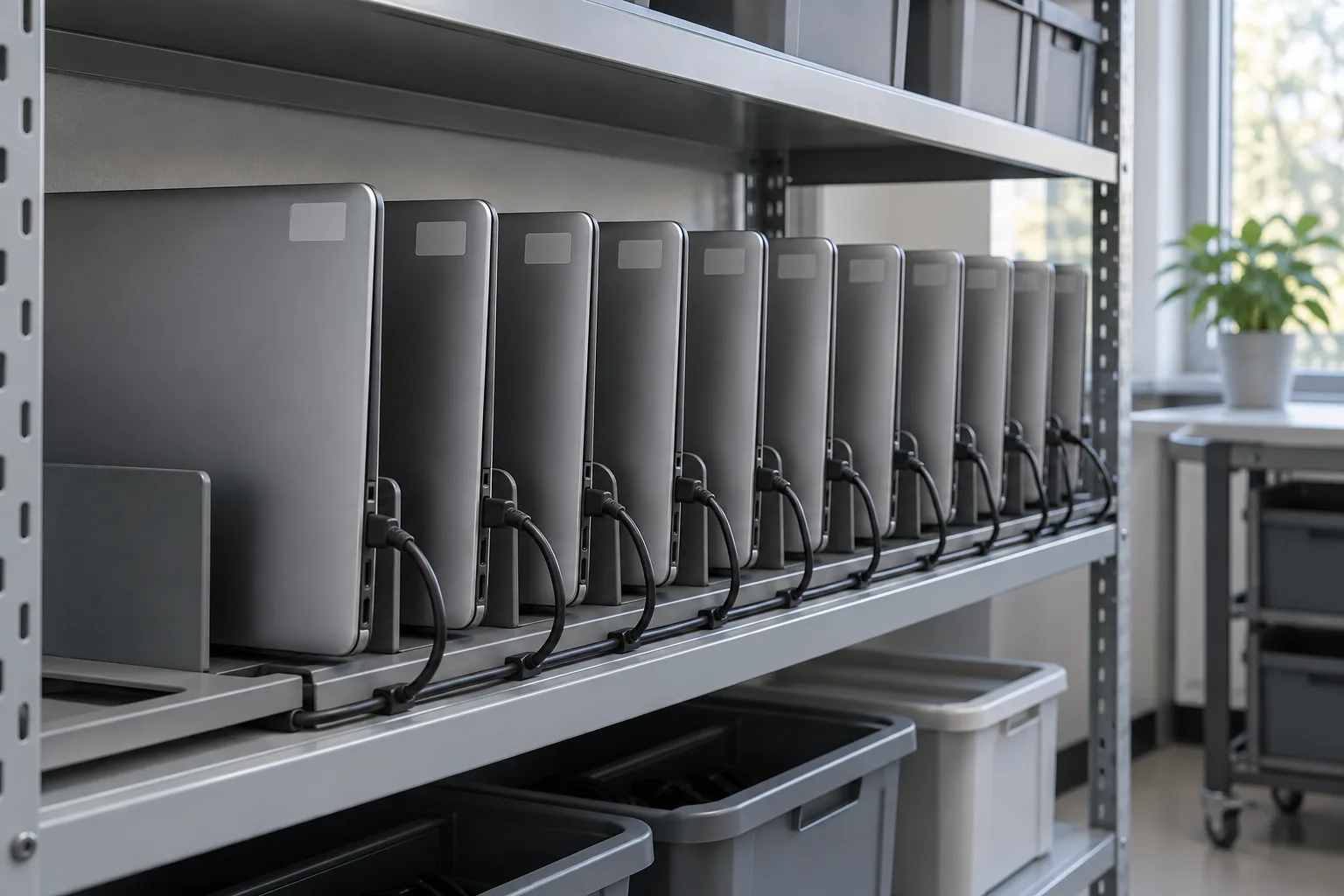 Illustrative client estate: a shelving rack holding a row of identical plain closed business laptops with charging cables, each carrying a small blank asset label