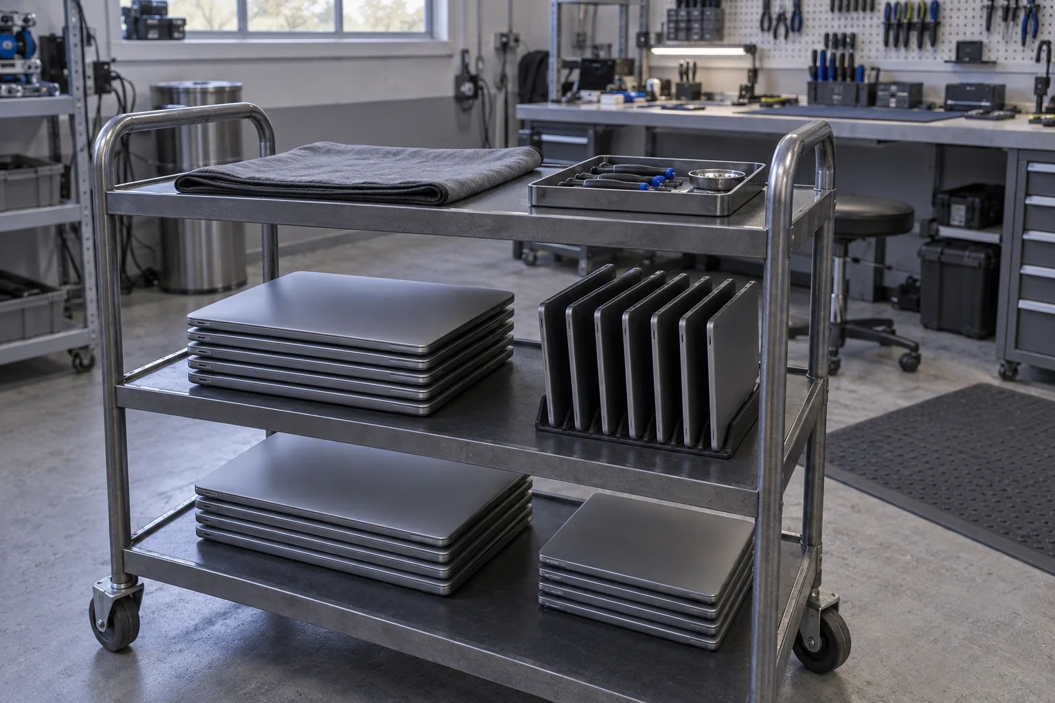 Illustrative depot detail: a steel workshop trolley loaded with stacked plain closed business laptops and a rack of tablets, a folded grey mat and a tool tray on the top shelf