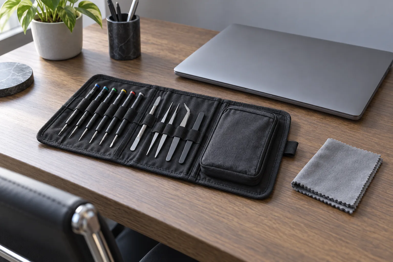 Illustrative on-site visit: an open technician tool roll laid out on an office desk beside a closed plain business laptop, with a folded cloth and no paperwork
