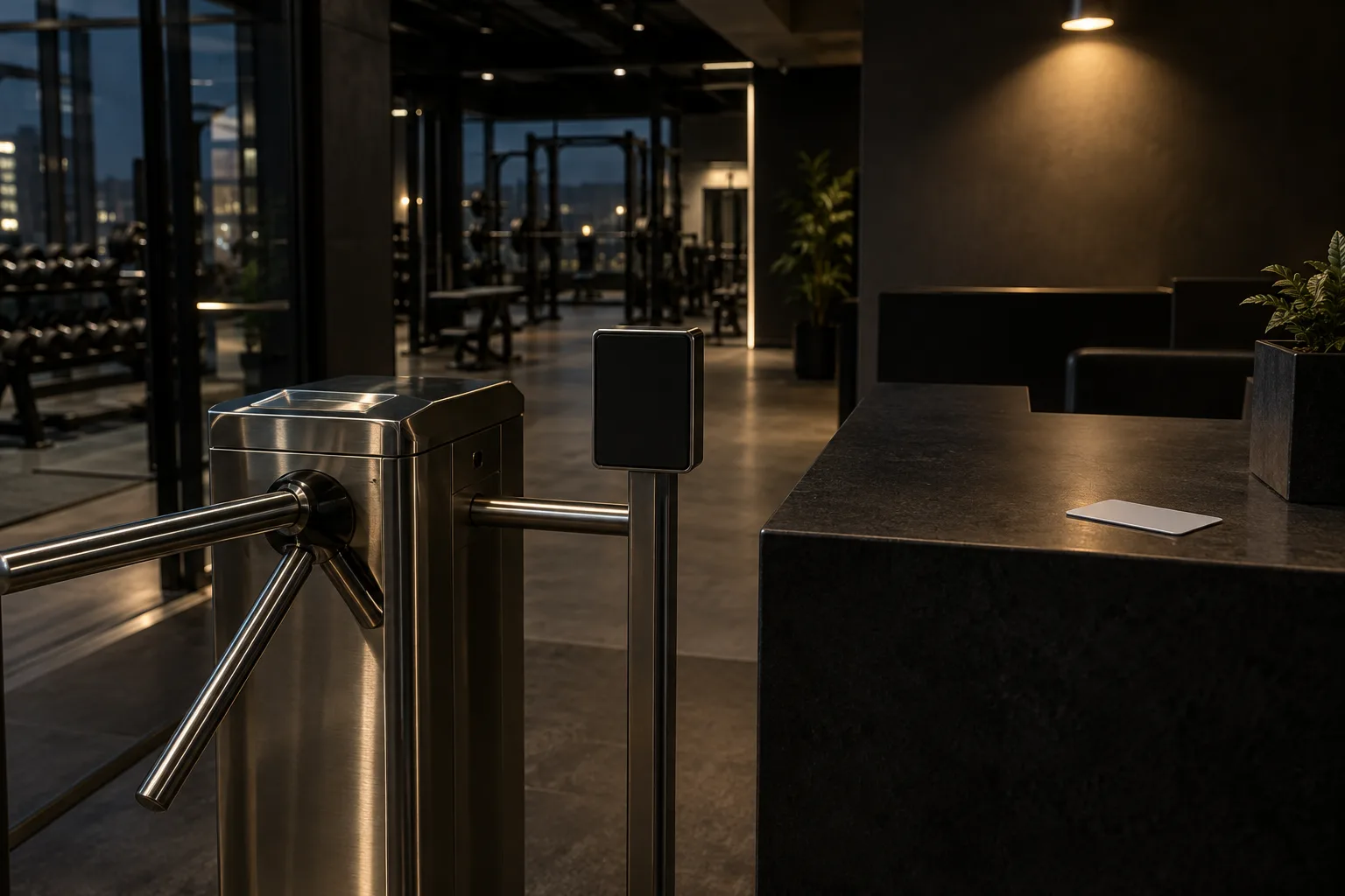 Illustrative access gate with a card reader and a keycard on the reception counter of a gym at night