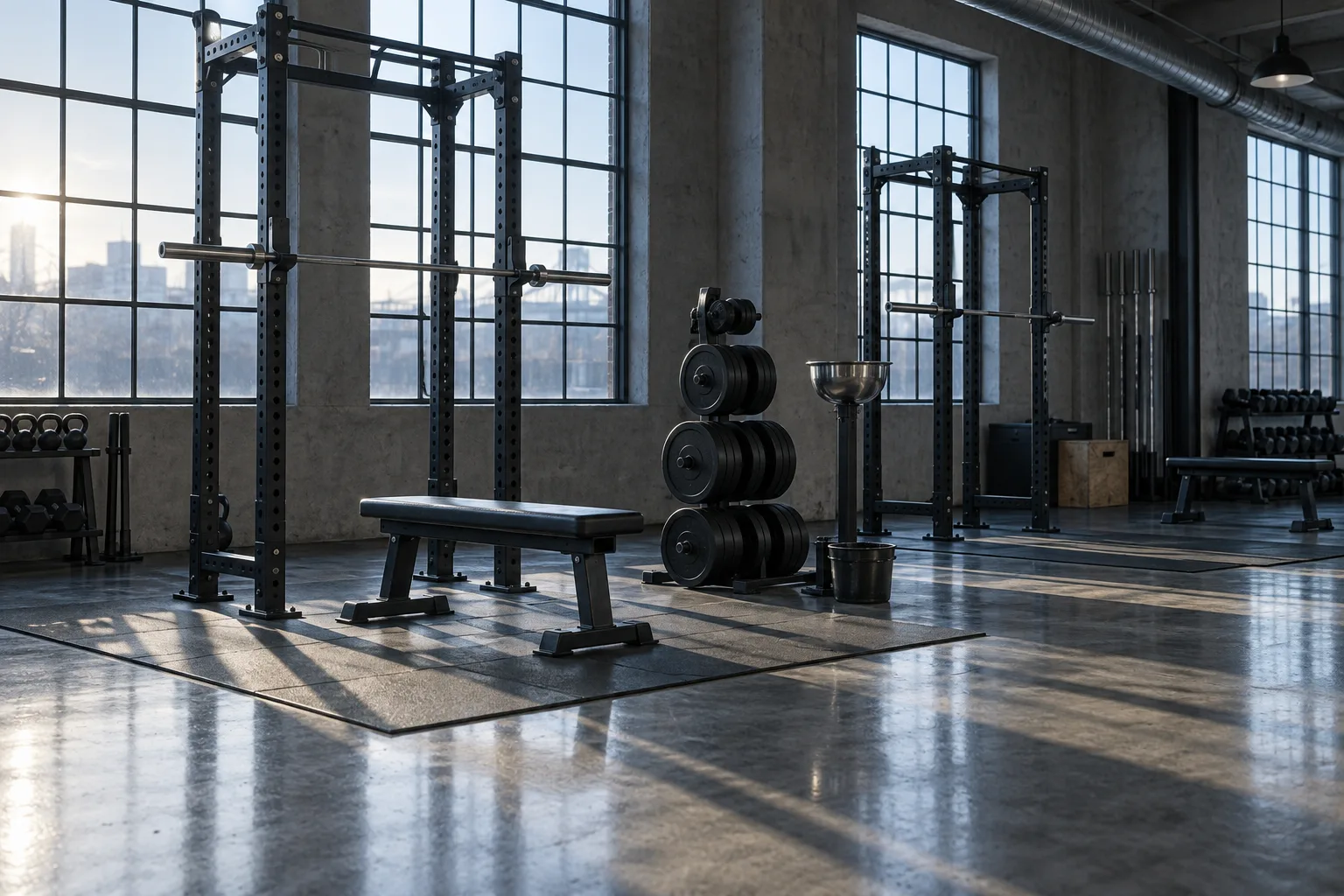 Illustrative empty weight-training floor before opening hours with power racks, benches and plates