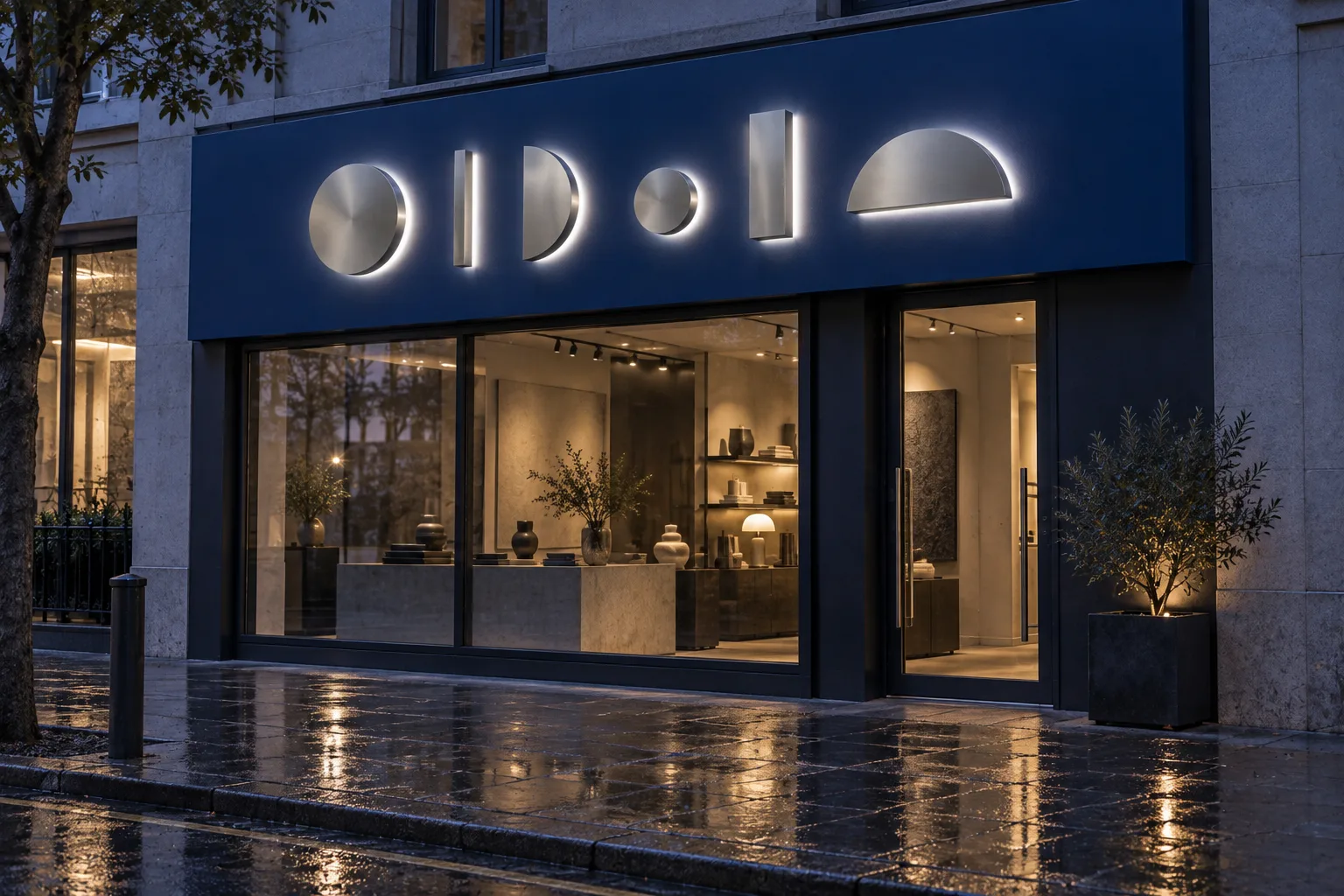 Dimensional stainless steel letters with halo illumination, fictional shopfront study