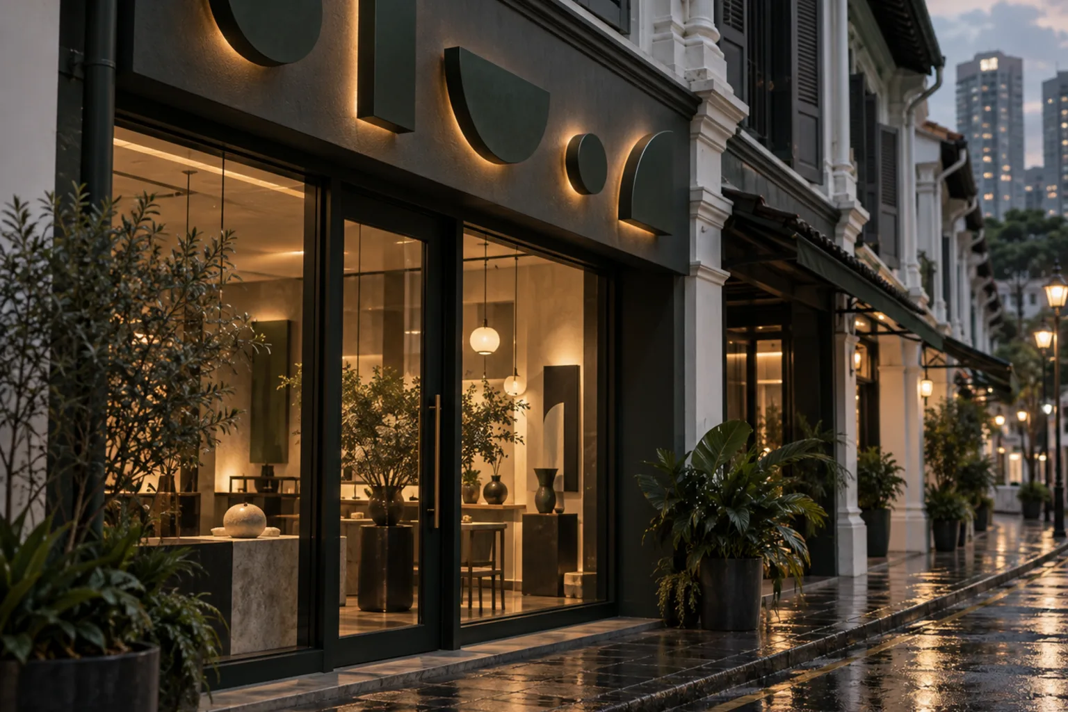 Illustrative fabricated lettering standing proud of a shopfront fascia at dusk