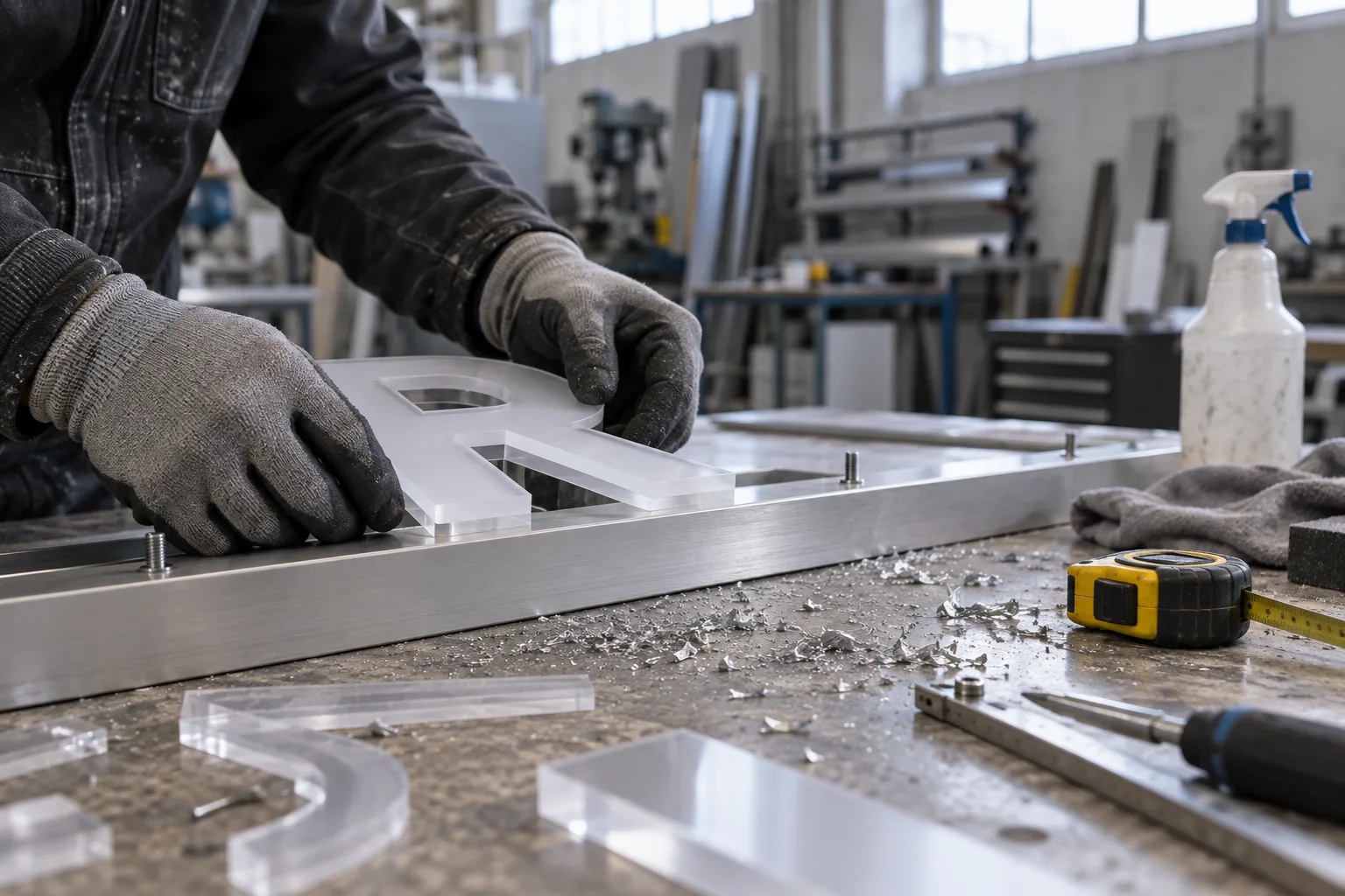 Illustrative signmaker assembling a cut letter onto a rail in the workshop