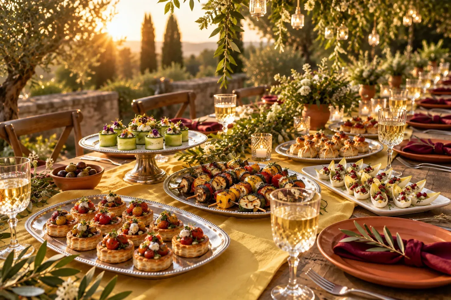 Illustrative daytime celebration spread: trays of plated canapes and a grazing table set under greenery