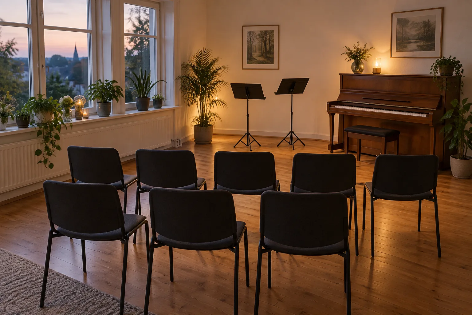 Illustrative teaching room with chairs set out in rows for the end-of-term concert, two music stands and an upright piano in the evening light