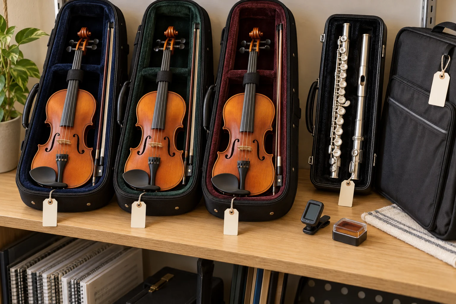 Illustrative violin, viola and flute resting in their cases on the instrument shelf, with sheet music stacked below