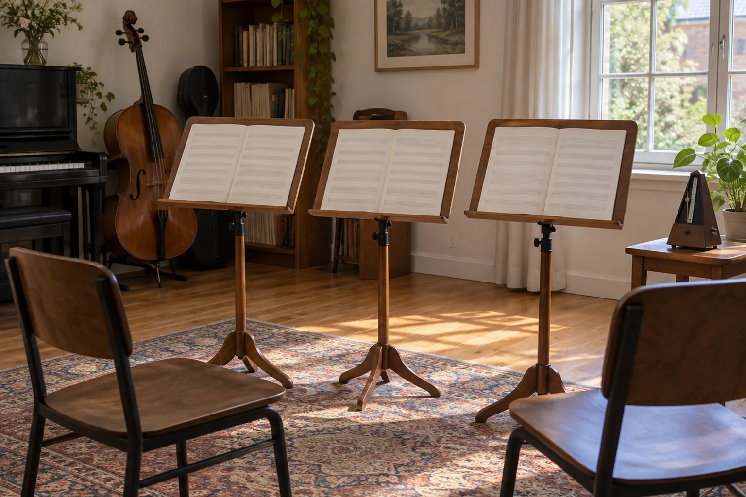 Illustrative rehearsal room with three music stands holding blank sheet music, a cello and an upright piano behind them