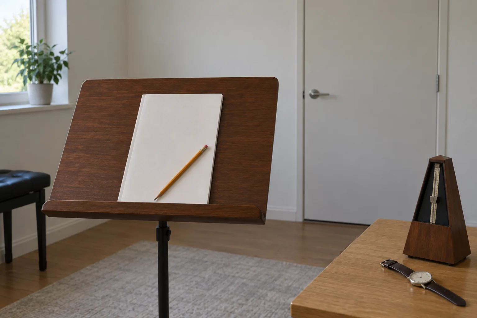 Illustrative music stand holding a closed plain booklet with a pencil, a metronome and a wristwatch on a table beside a closed door
