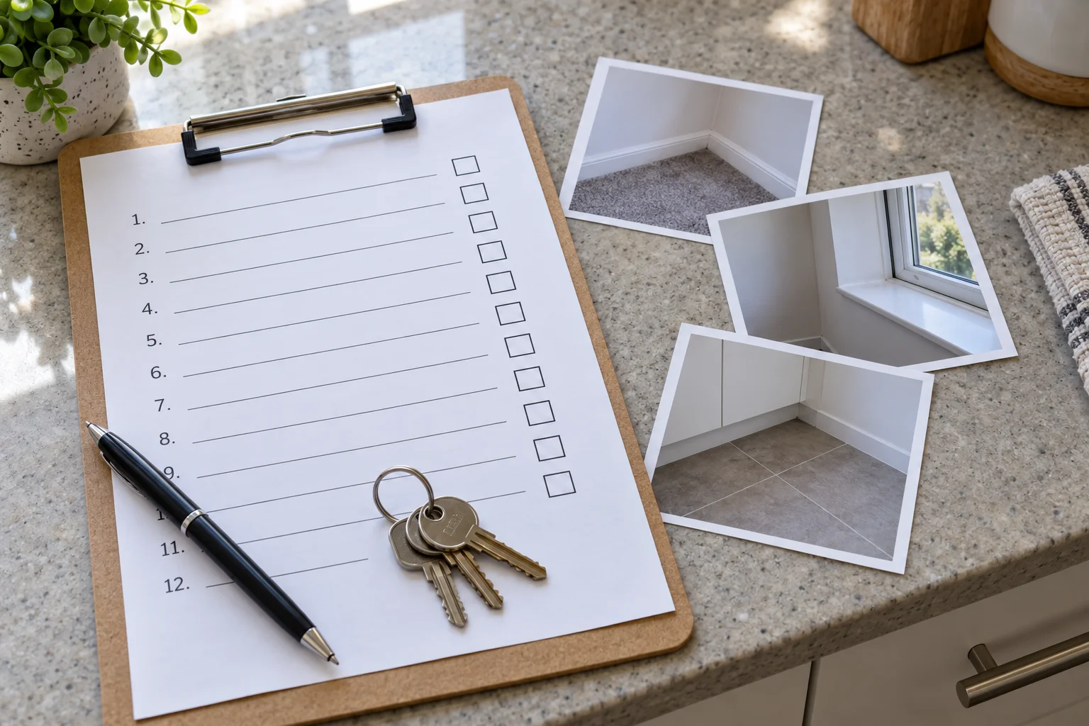 Illustrative checklist on a clipboard with dated photographs beside keys on a cleaned kitchen counter
