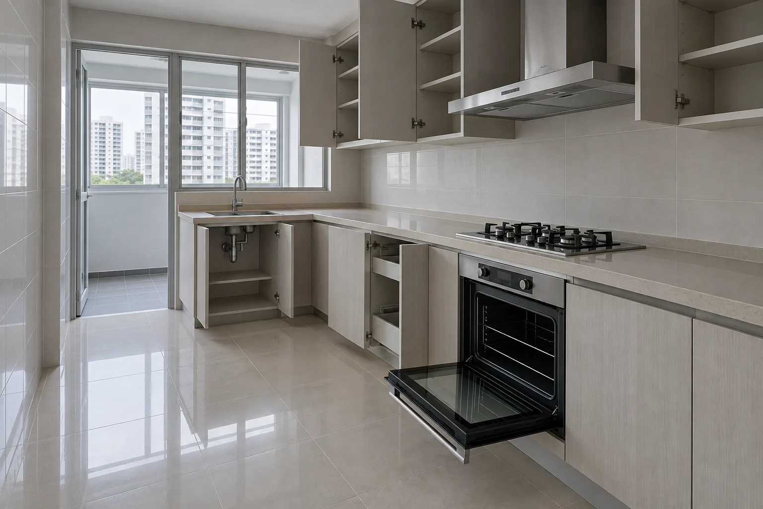Illustrative empty kitchen in a vacated flat, worktops cleared and the oven open and clean