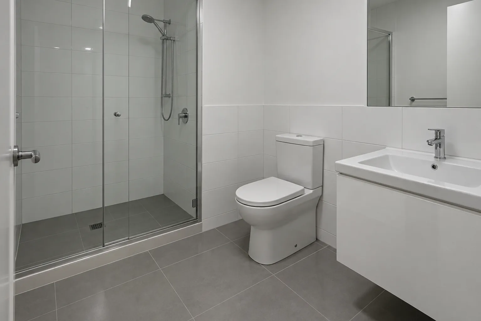 Illustrative vacant bathroom after a handback clean, clear shower glass and bare surfaces
