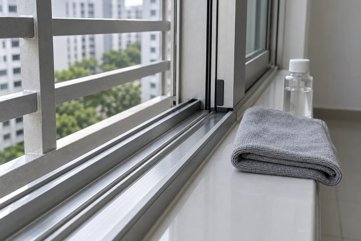 Illustrative detail of a wiped-clean window track and grille with a folded cloth