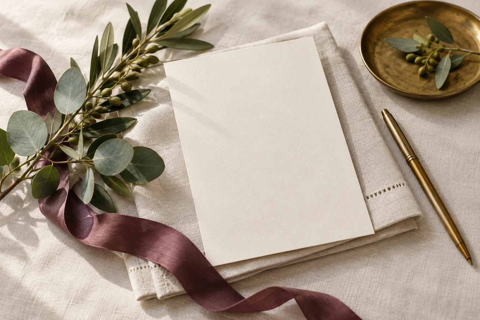 Illustrative place-setting detail: a blank cream card, olive greenery, a silk ribbon and a brass pen on linen