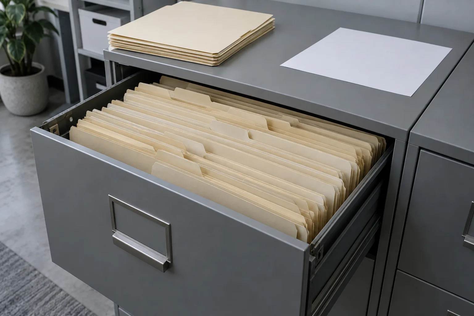 Illustrative records drawer: an open filing cabinet drawer of unlabelled manila folders with a stack of blank folders on top