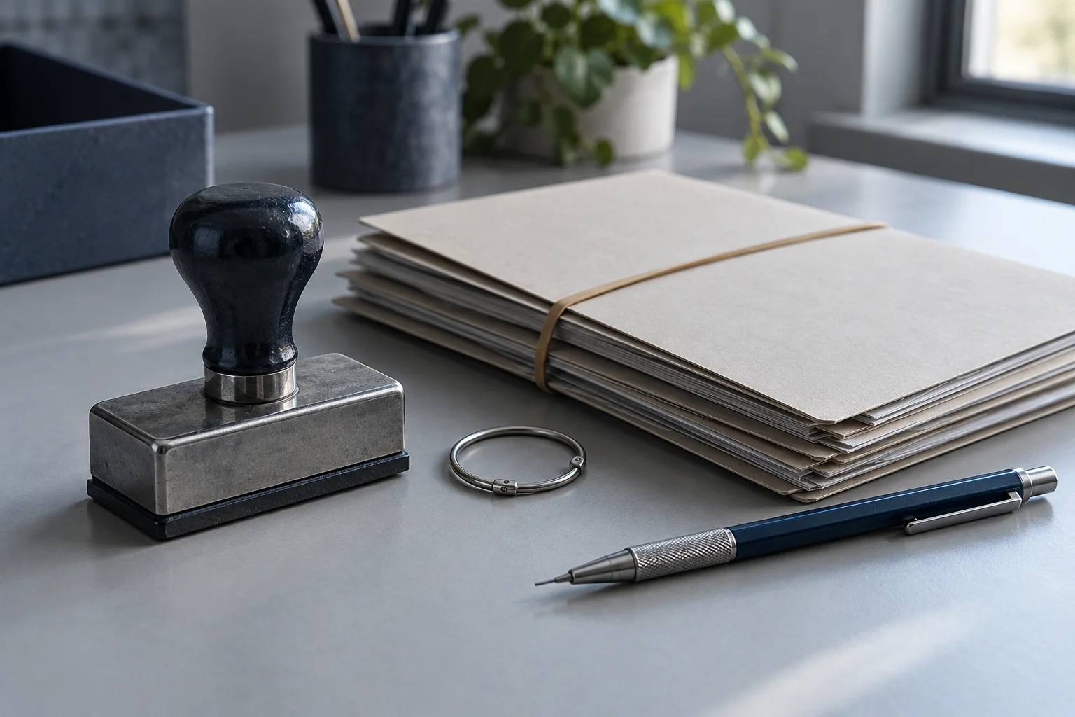 Illustrative formation desk detail: a plain document folder, an unlabelled rubber stamp and a mechanical pencil on a grey desk