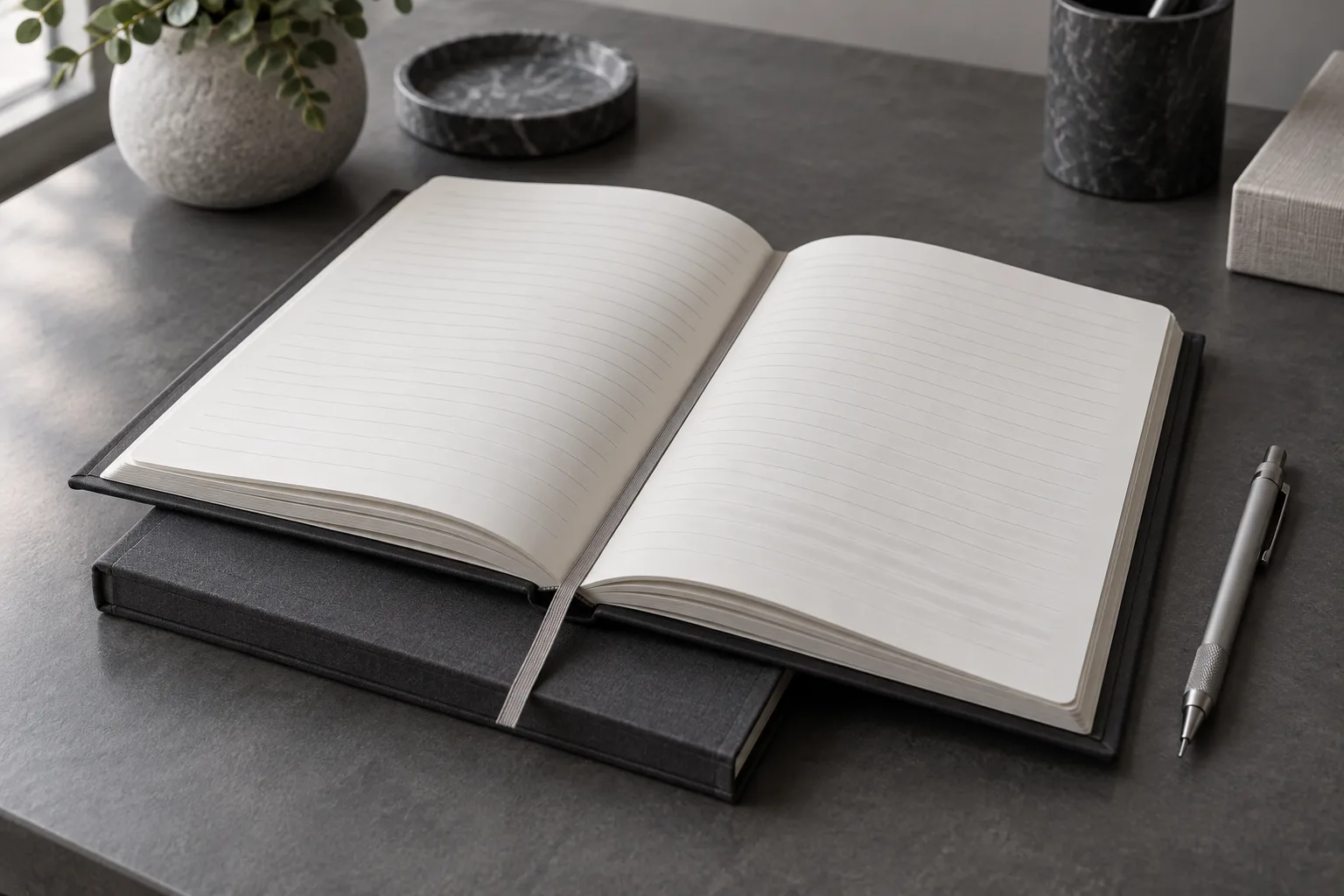 Illustrative statutory register: an open company register book with blank ruled pages, a ribbon marker and a mechanical pencil on a dark desk