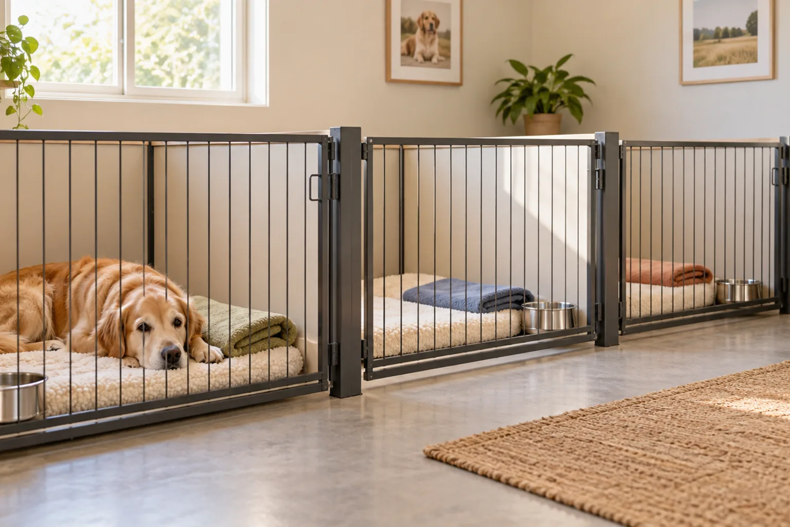 Illustrative boarding room: individual floor-level pens with clean bedding, a folded blanket and a steel bowl, one dog resting inside