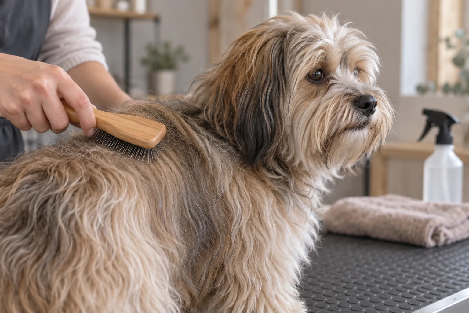 Illustrative grooming appointment: a small shaggy dog on a rubber-topped table with a wooden brush working through its coat