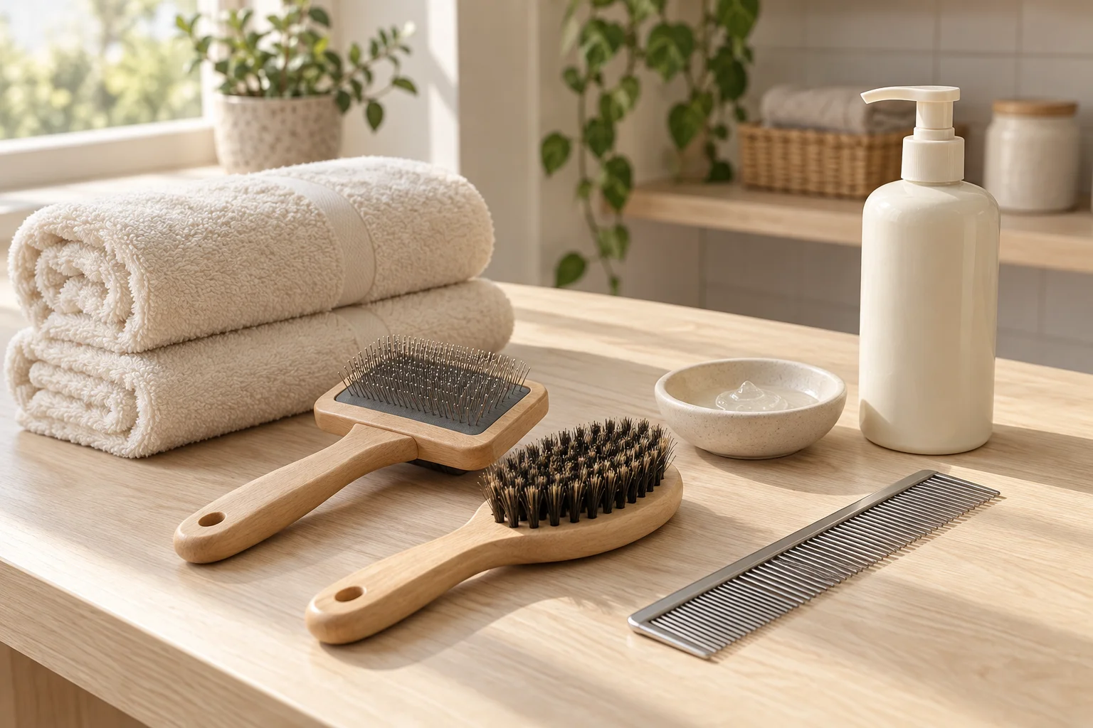 Illustrative grooming room detail: rolled towels, two wooden brushes, a comb, a dish and an unlabelled bottle on a pale wood counter
