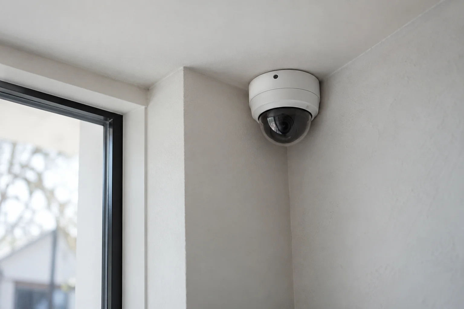 Illustrative white dome security camera mounted on a pale plaster wall in the corner of a corridor