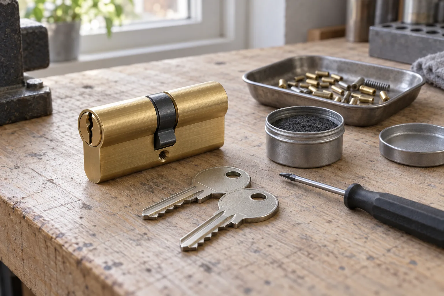 Illustrative replacement brass lock cylinder and two plain unmarked keys on a workbench with a screwdriver and a tray of brass pins