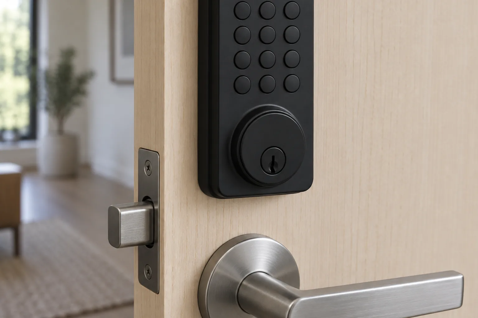 Illustrative plain matte black keypad deadbolt fitted to a pale timber door leaf with a stainless lever handle