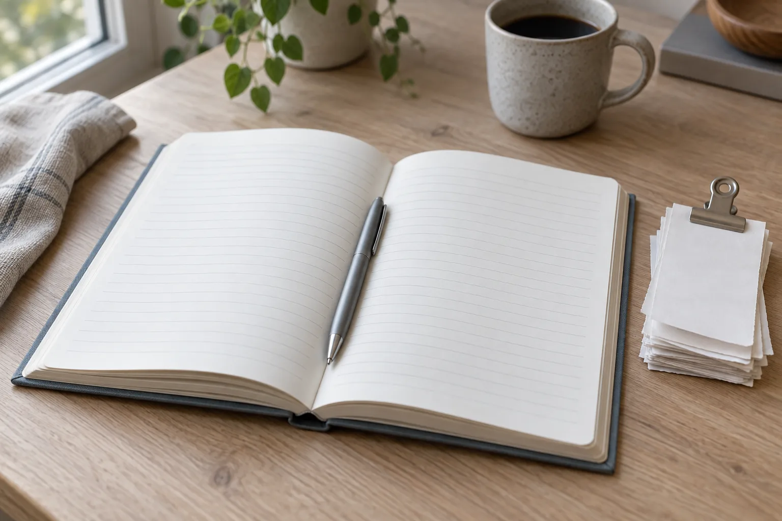 Illustrative bookkeeping desk: an open ruled ledger with blank pages, a pen, a clip of blank slips and a mug of coffee