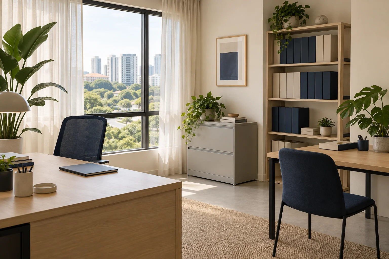 Small accounting office with two desks, a plain filing cabinet and shelves of unlabelled folders