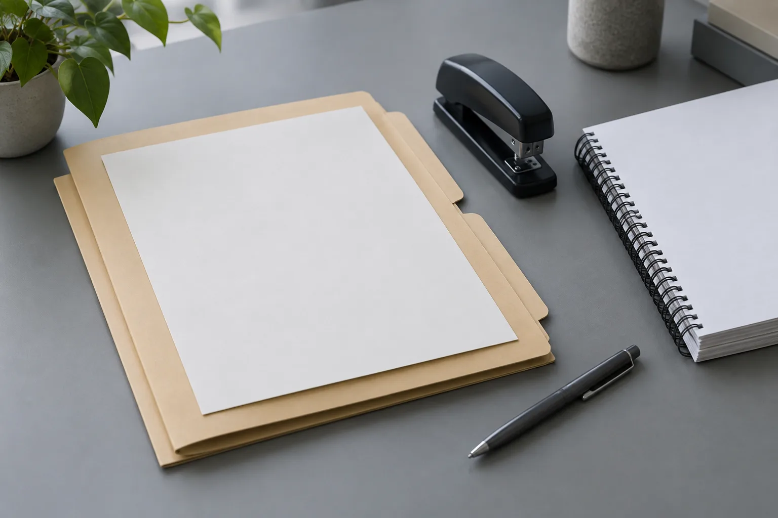 Illustrative year-end scene: closed manila document folders, a blank sheet of paper, a stapler and a bound set of blank pages on a grey desk