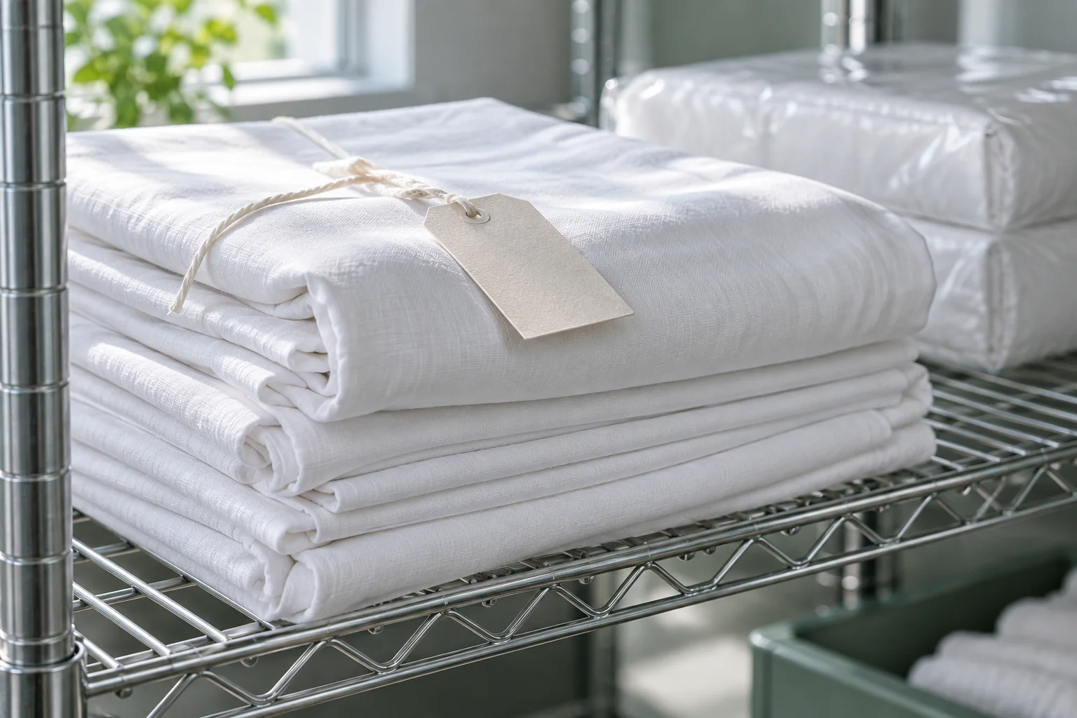 Illustrative linen detail: a folded stack of white cotton sheets with a blank unlettered docket tag on a steel shelf