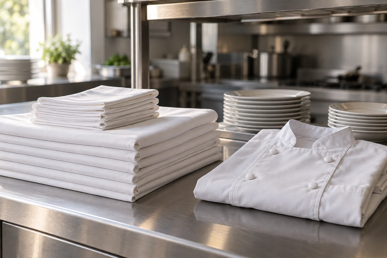 Illustrative kitchen line: a stack of white tablecloths and folded linen napkins on a stainless pass with a folded white chef jacket beside them